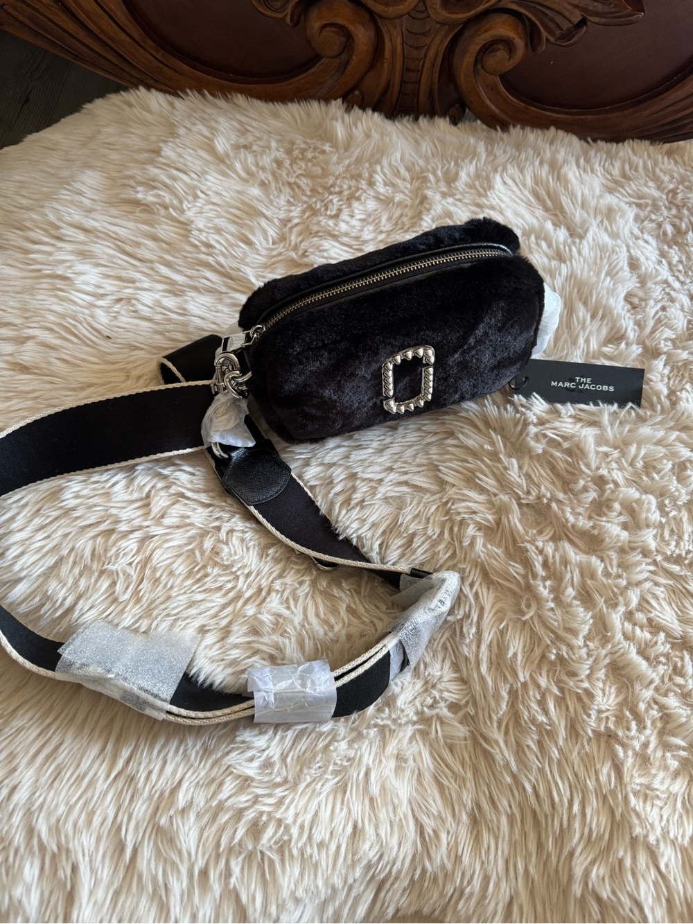 Marc Jacobs Black Faux Fur Camera Bag with Silver Hardware